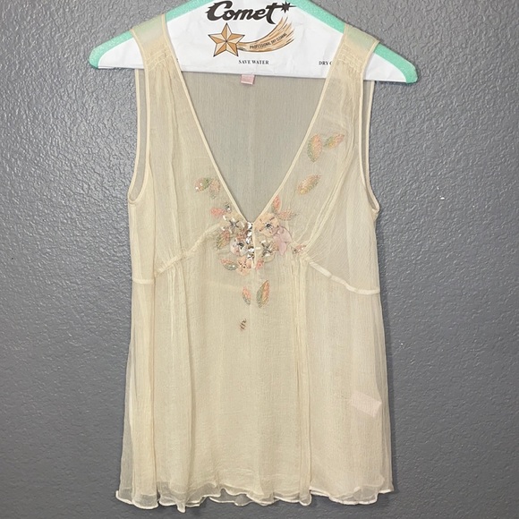 Rebecca Taylor 100% Silk Deep V-Neck Embellished Cream Shell/Tank/Blouse - Picture 1 of 12